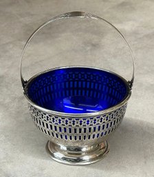 Antique Edwardian Sterling Silver And Cobalt Glass Nut/Candy Basket - 113.88 Grams (Silver Weight)