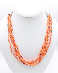 Five Strand Angel Skin Corals Beads And Silver Necklace