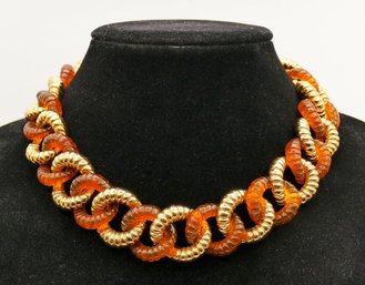Vintage Chunky Faux Tourtoise Shell And Gold Acrylic Chain Link Necklace