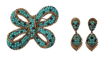 Vintage Crown Trifari Turquoise Bow Brooch & Earrings Set