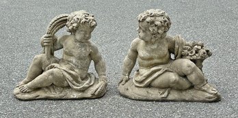 Pair Of Cast Concrete Cherub Garden Statues