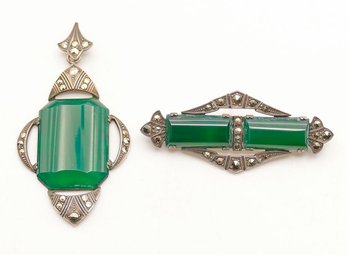 1930's Art Deco Sterling Silver With Chrysoprase And Marcasite Pendant & Brooch