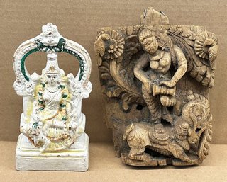 Pair Of Antique Indian Diety Sculptures - Wooden Carved And Painted Clay