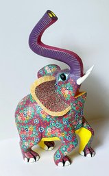 Large Maria Jimenez Ojeda Hand Painted Wood Carving - Elephant With Flowers - Oaxaca Mexican Artist