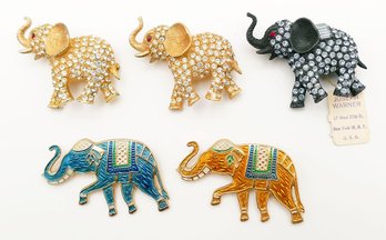 5 Vintage Joseph Warner Rhinestone & Enamel Elephant Brooches
