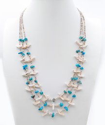 Triple Strand Native American Turquoise, Stone, And Silver Bird Fetish Necklace