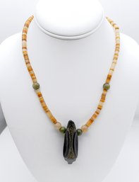 Vintage Agate Necklace With Carved Soapstone Animal Pendant
