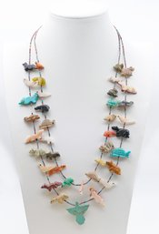Double Strand Native American Bird Fetish Necklace - Beads, Turquoise, And Natural Stone