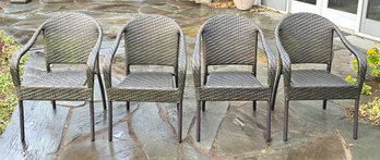 Set Of Four Frontgate Bronze Woven Bistro Stacking Chairs