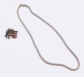 Vintage Sterling Silver Chain Necklace & Judith Jack Sterling Silver Marcasite Enameled American Flag Pin