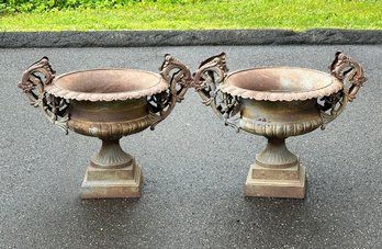 Pair Of Vintage Victorian-Style Double Handled Cast Iron Garden Urns