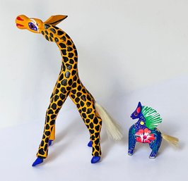 Pair Of Small Oaxaca Mexico Hand Painted Wood Carvings - Giraffe & Horse