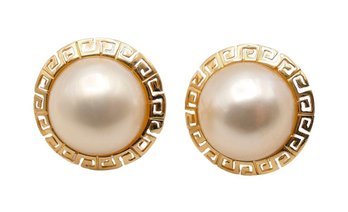 24K Yellow Gold Greek Key & Mother Of Pearl Button Earrings