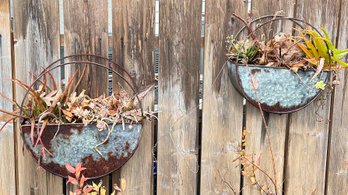 Pair Of Modern Galvanized Half Circle Wall Planters