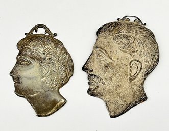 Pair Antique Silver/Metal Catholic Italian Ex-Voto Heads