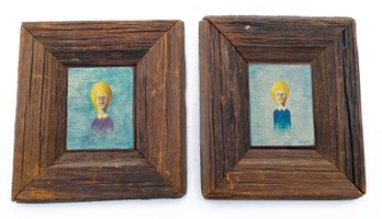 Pair Of Vintage Mid Century Modern Wood Original Miniature Paintings By Jon Shipp (1961)
