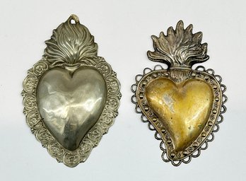 Pair Antique Silver/Metal Catholic Italian Ex-Voto Hearts