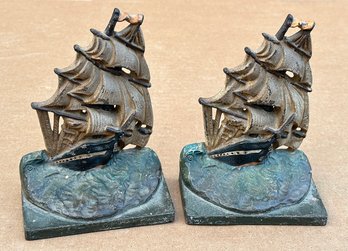 Pair Of 1925 A.M. Greenblatt Painted Iron Bookends - Old Ironsides / US Frigate Constitution