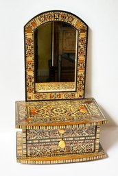 Vintage Ornate Inlaid Jewelry Dresser With Mirror - Dresser/Table Top