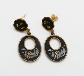 Vintage 1940's-1950's Japanese Damascene Earrings With 14K Gold Posts/Backs