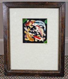 Vintage Glazed Ceramic Tile Art - Koi Fish - Framed