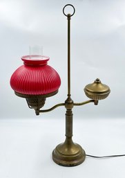Vintage Brass Student Table Lamp With Red Ribbed Glass Shade