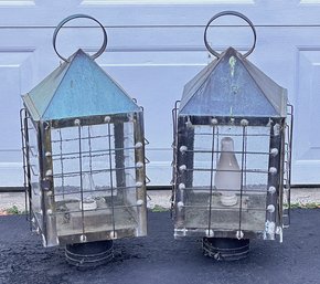 Pair Of Large Vintage Brass Electrified Post Top Lanterns