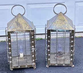 Pair Of Large Vintage Brass Electrified Lanterns