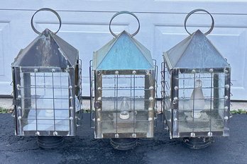 Set Of 3 Large Vintage Brass Electrified Post Top Lanterns