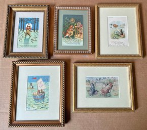 5 Original Vintage Louis Wain Cat Themed Postcards - Individually Framed