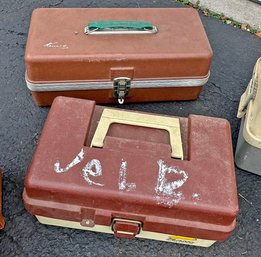 Large Lot Of Vintage Fishing Tackle - 3 Boxes & Tote - Lures , Weights, Hooks, Tools, Line, Etc