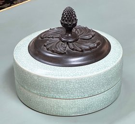 Vintage Maitland Smith Chinoiserie Porcelain Celadon Lidded Trinket Dish