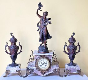 Geo Maxim Art Noveau Figural Mantle Clock With Matching Urns