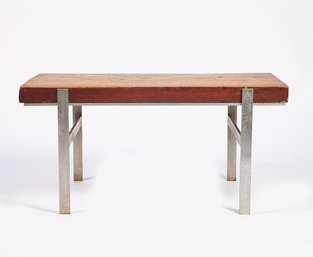 1960's Danish Modern Coffee Table - Steel Base With Wood Slab Top