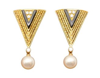 18K Gold Diamond Akoya Pearl Black Enamel Earrings