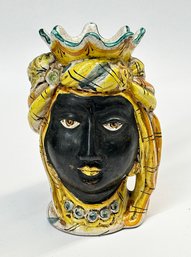 Sicilian Moorish Head Earthernware Vase From Caltagirone
