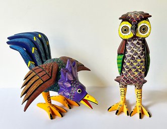 Pair Of Carlos Morales Hand Painted Wood Animal Carvings - Famed Oaxaca Mexican Artist