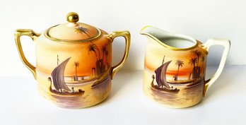 Antique Hand Painted Nippon China Creamer & Sugar Bowl