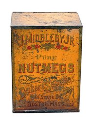Large Antique Baker Supplies Tin - Pure Nutmegs - 7.5' Tall - J. Middleby Jr (Boston, Mass)