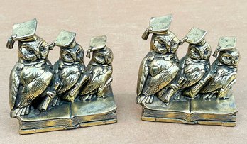 Vintage 1970's Mid-Century Modern Brass Bookends - Scholarly Owls - Jennings Brothers