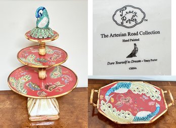 Pair Of Tracy Porter Hand Painted Peacock Themed Serving Pieces - 3-Tiered Dessert Tray & Serving Platter