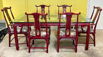 Vintage Red Lacquered Asian Dining Set - Glass Top Table & 6 Pam Bolick Designed Chairs