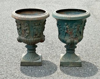 Pair Of Victorian Cast Iron Pictorial Urns