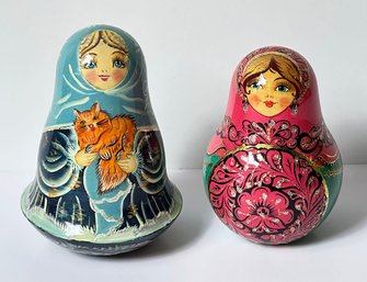 Pair Of Russian Hand Painted Folk Art Roly Poly Tilting Dolls - Signed