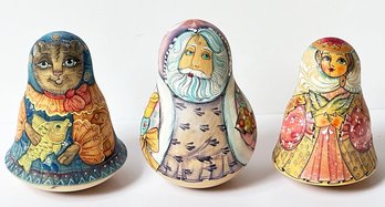 Set Of 3 Russian Hand Painted Folk Art Roly Poly Tilting Dolls - Signed