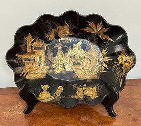 Vintage Asian Chinoiserie Papier Mache Scallop Bowl