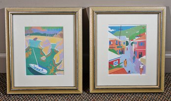 Pair Of Colorful Jeremy Shires Prints - Virgin Island Anchorage &  West Indian Street Scene Artwork