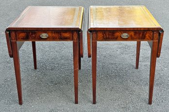 Pair Of Hepplewhite Style Flame Mahogany And Leather Drop Leaf Side Accent End Tables