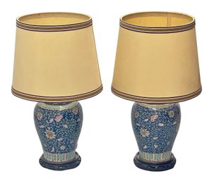 Pair Of Chinese Blue-ground Famille Rose Porcelain Jar Lamps