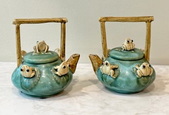 Pair Of Majolica Pottery Teapots With Frogs